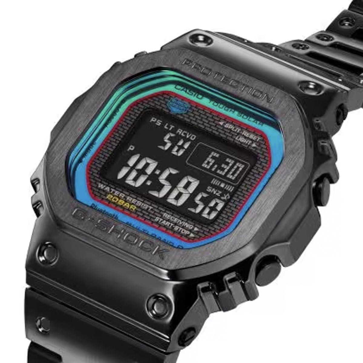 G Shock Mens Watch with Black Dial and Blue Polychromatic Bezel and Stainless Steel Band (solar movement)