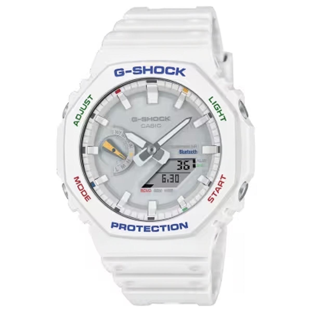 G Shock 2100 Series Mens Watch with White Dial and White Strap with Multicolor Accents (solar movement)