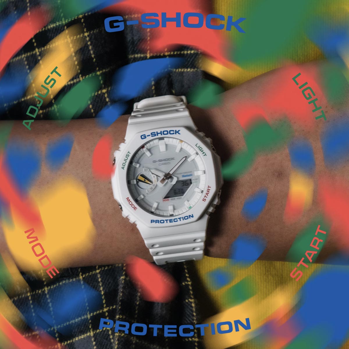 G Shock 2100 Series Mens Watch with White Dial and White Strap with Multicolor Accents (solar movement)