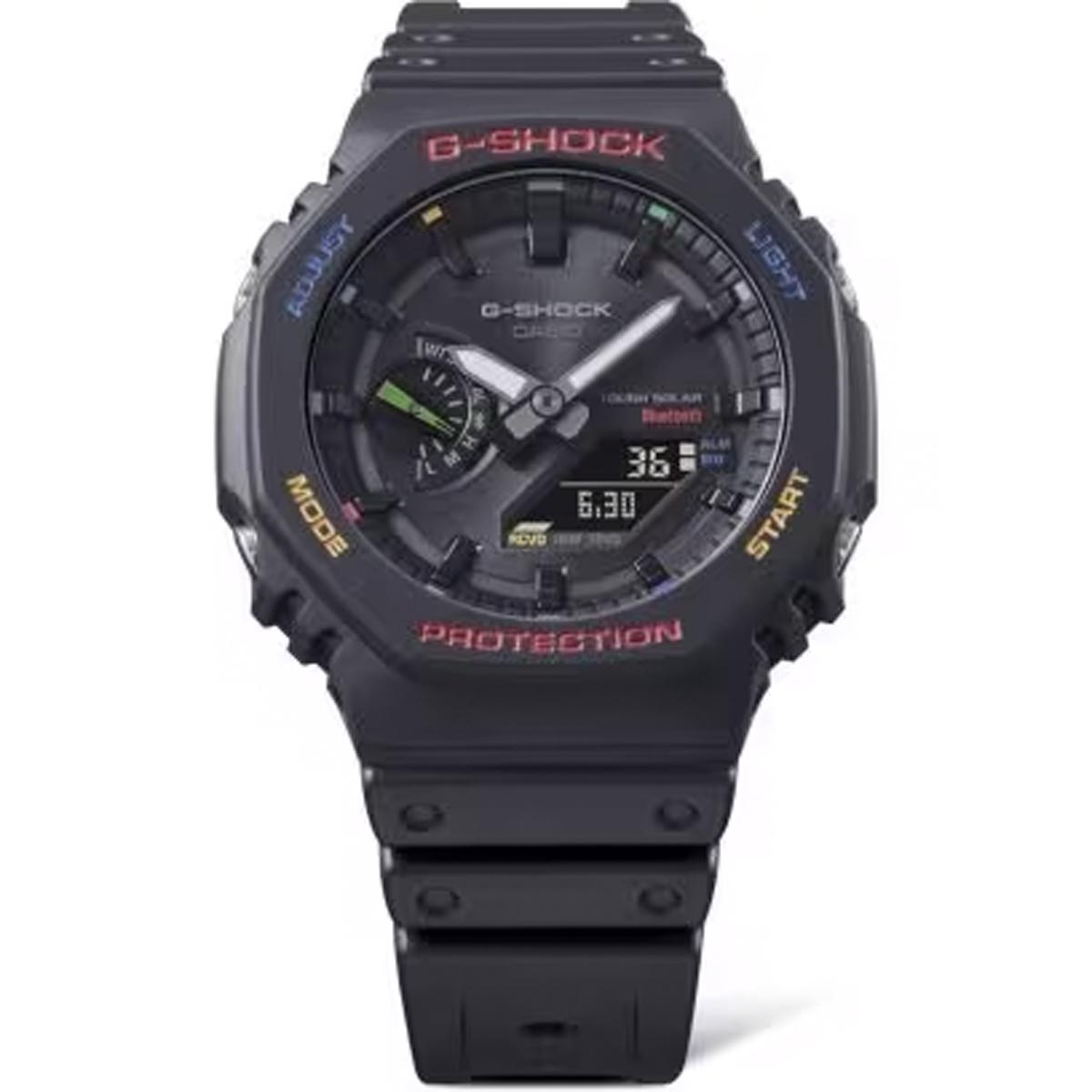 G Shock 2100 Series Mens Watch with Black Dial and Black Strap with Multicolor Accents (solar movement)