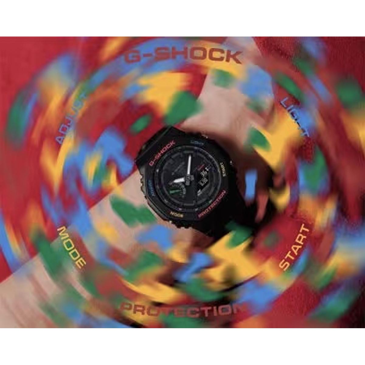 G Shock 2100 Series Mens Watch with Black Dial and Black Strap with Multicolor Accents (solar movement)