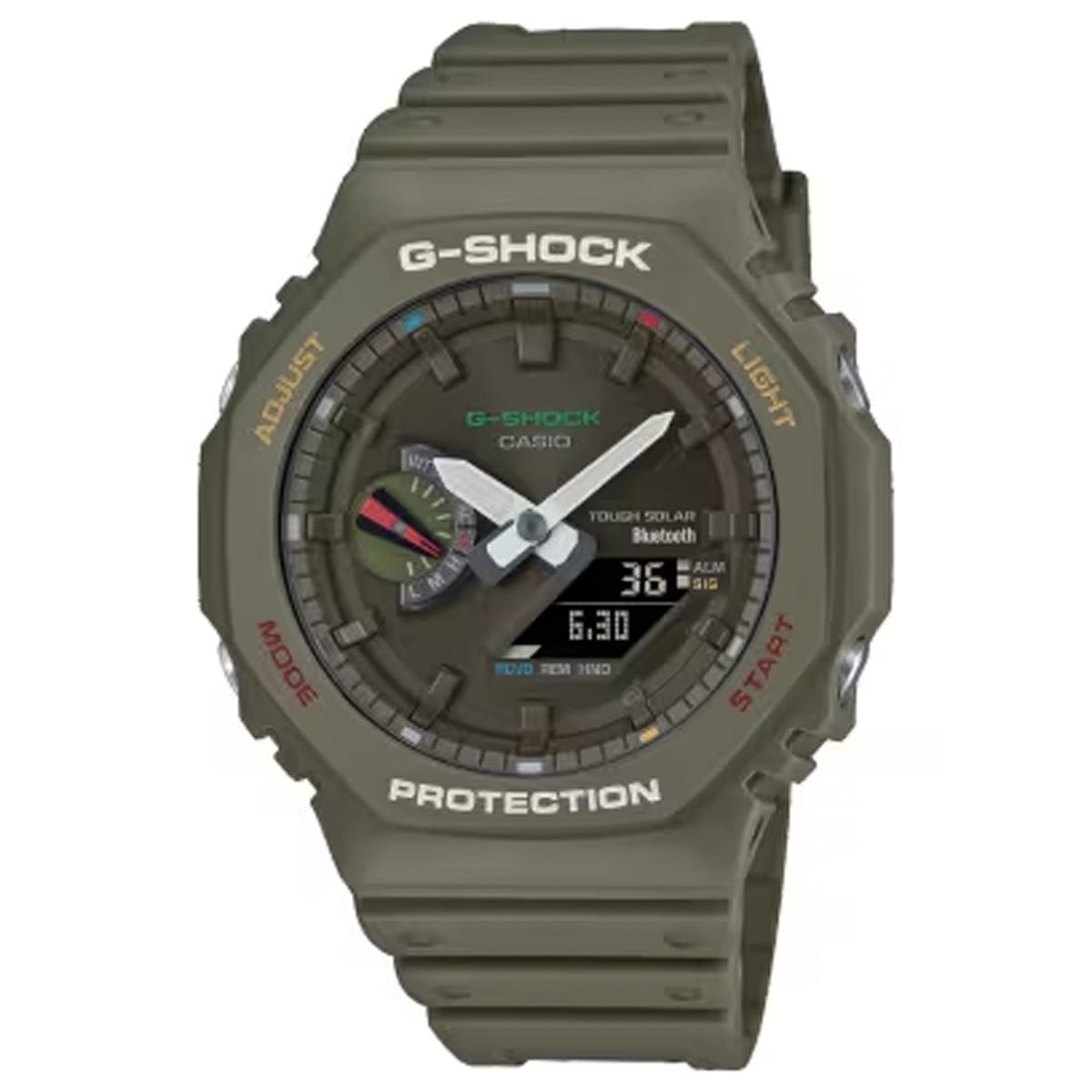 G Shock 2100 Series Mens Watch with Black Dial and Olive Strap (solar movement)