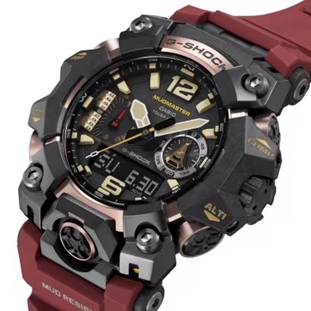 G Shock Mudmaster Mens Watch with Black Dial and Red Strap (solar movement)