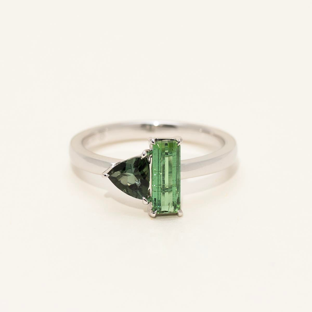 Maine Green Tourmaline Trillion and Emerald Cut Ring in 14kt White Gold
