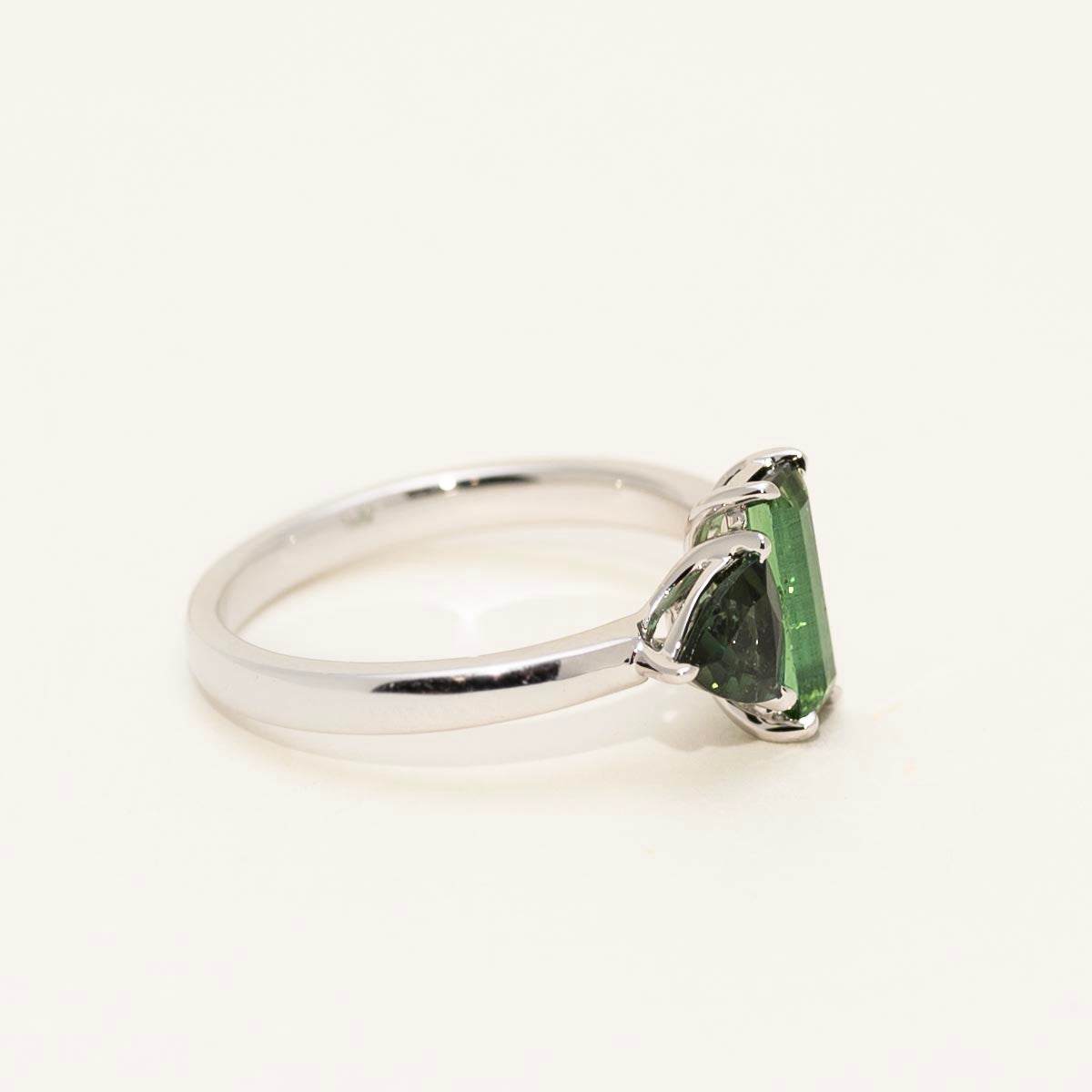 Maine Green Tourmaline Trillion and Emerald Cut Ring in 14kt White Gold