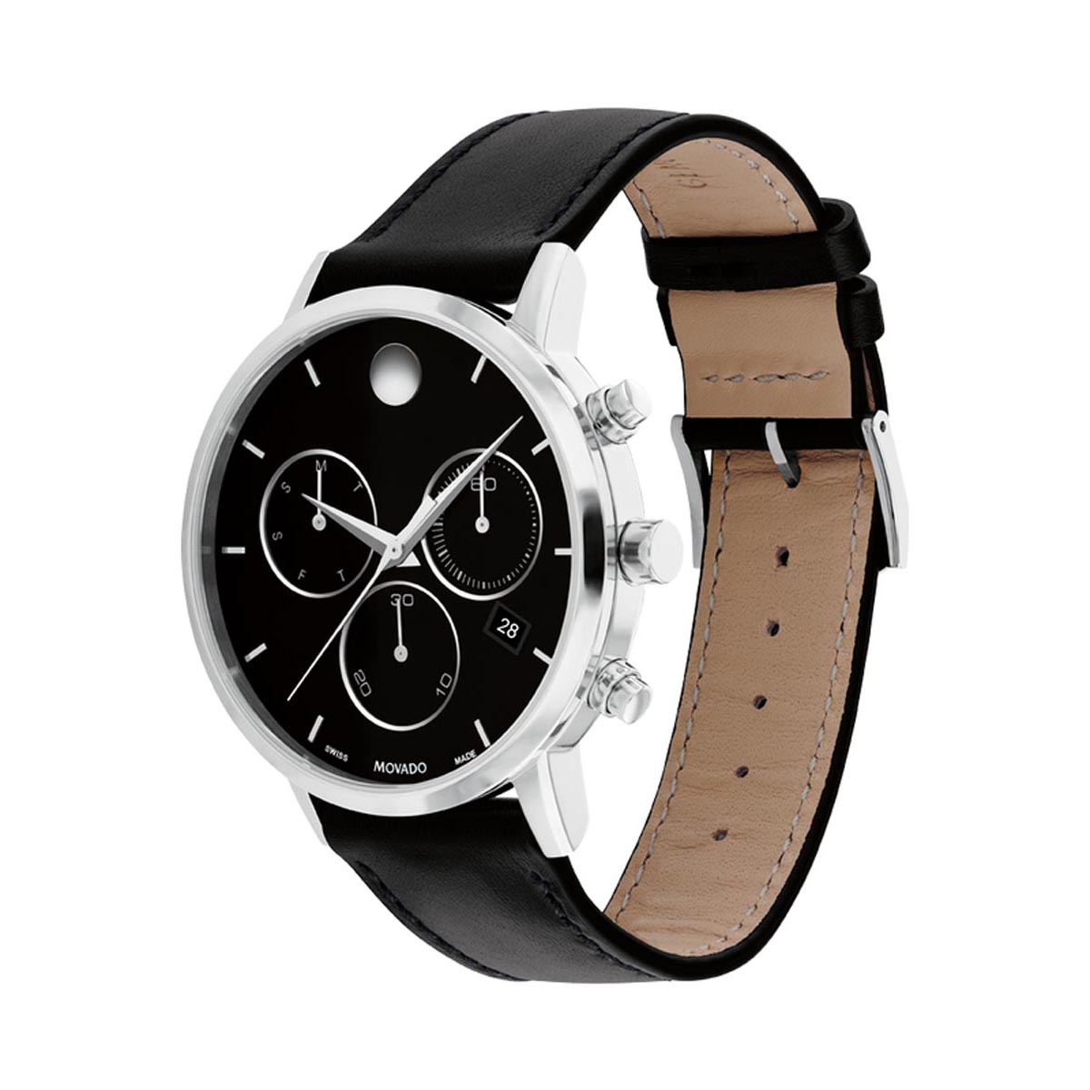 Movado Museum Classic Chronograph Mens Watch with Black Dial and Black Leather Strap (Swiss quartz movement)