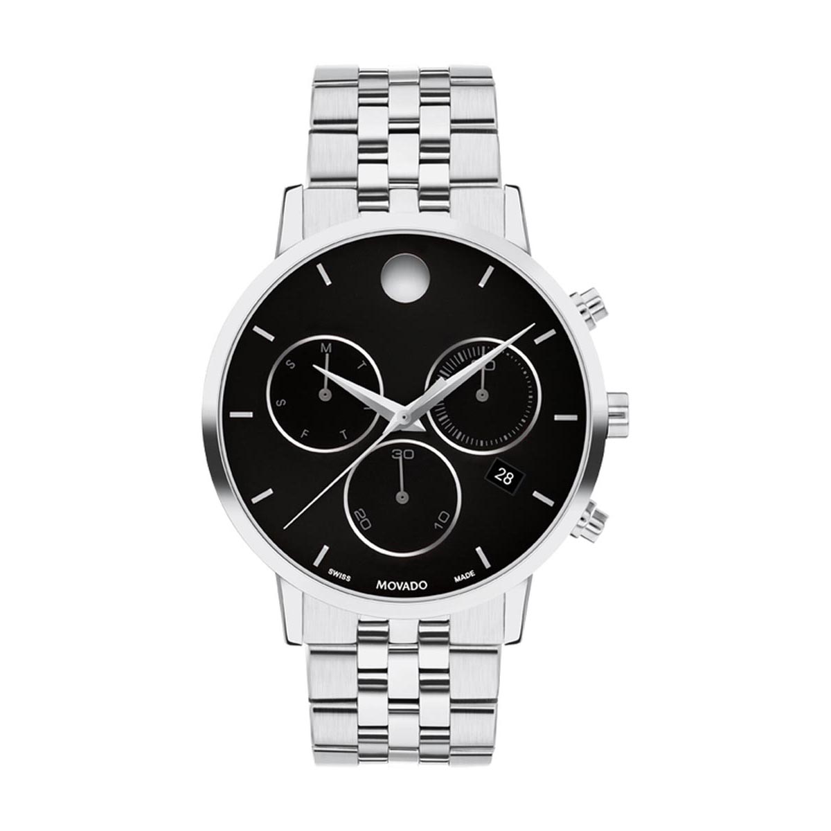 Movado Museum Classic Chronograph Mens Watch with Black Dial and Stainless Steel Bracelet (Swiss quartz movement)