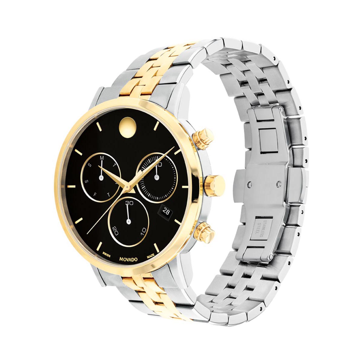 Movado Museum Classic Chronograph  Mens Watch with Black Dial and Stainless Steel and Gold Tone Bracelet (Swiss quartz movement)