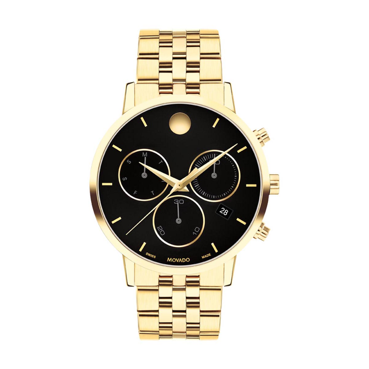 Movado Museum Classic Chronograph  Mens Watch with Black Dial and Gold Tone Stainless Steel Bracelet (Swiss quartz movement)