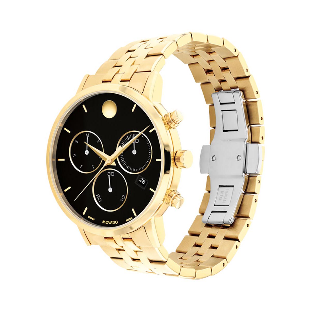 Movado Museum Classic Chronograph  Mens Watch with Black Dial and Gold Tone Stainless Steel Bracelet (Swiss quartz movement)