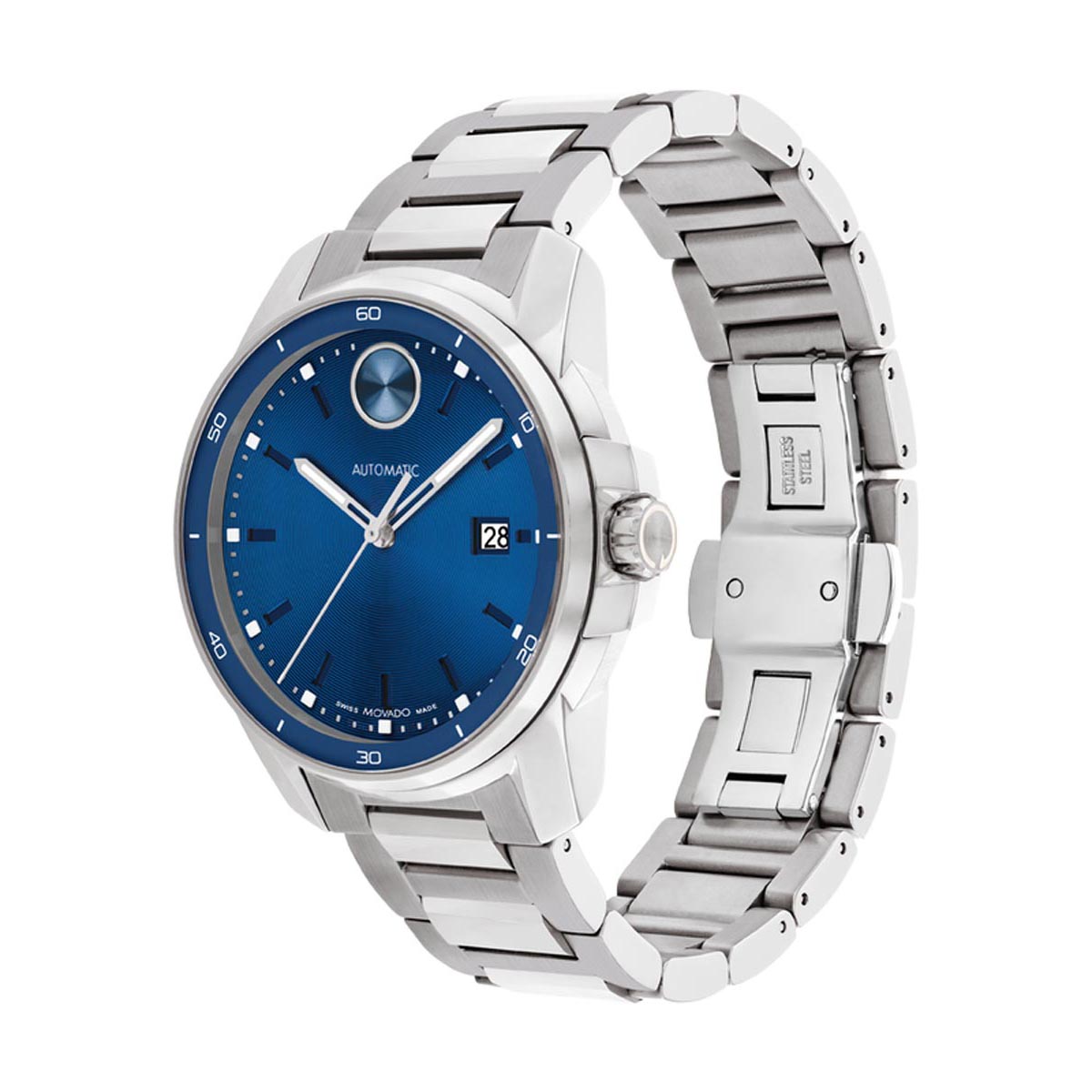Movado Bold Verso Automatic Mens Watch with Blue Dial and Stainless Steel Bracelet (automatic movement)