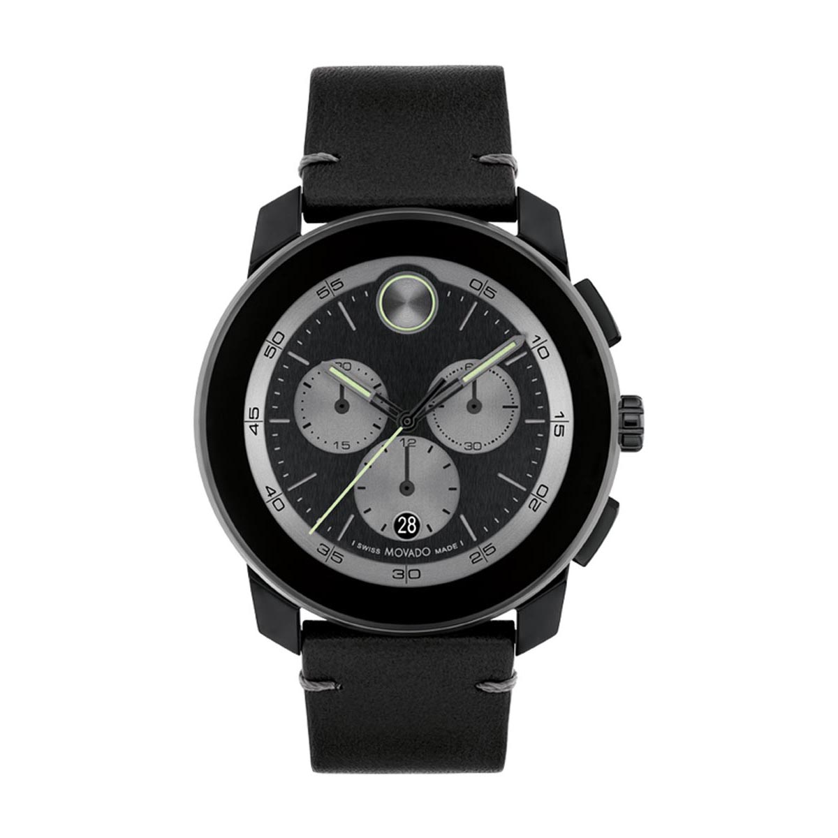 Movado Bold TR90 Mens Watch with Black Dial and Black Leather Strap (Swiss quartz movement)