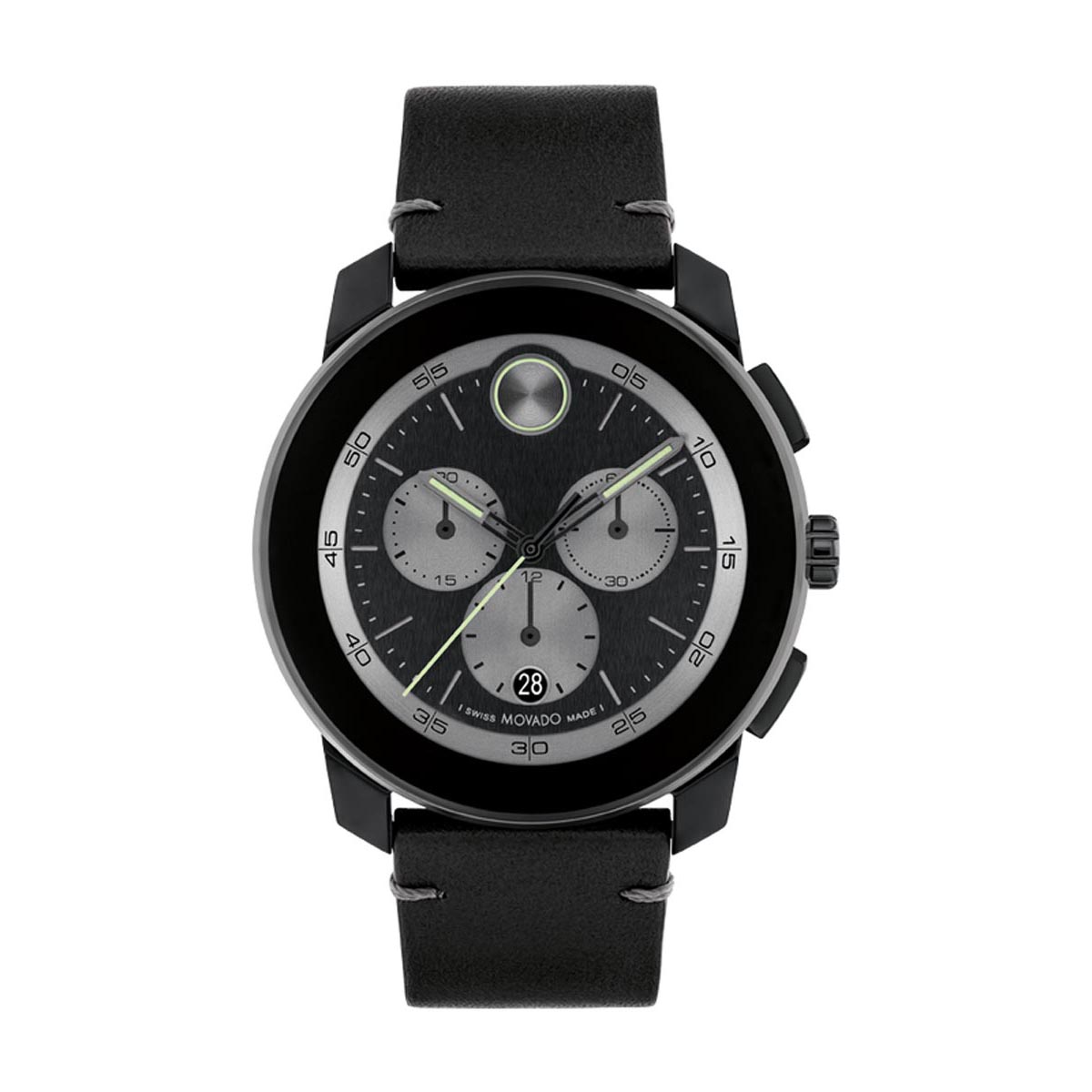Movado Bold TR90 Mens Watch with Black Dial and Black Leather Strap (S Day's Jewelers