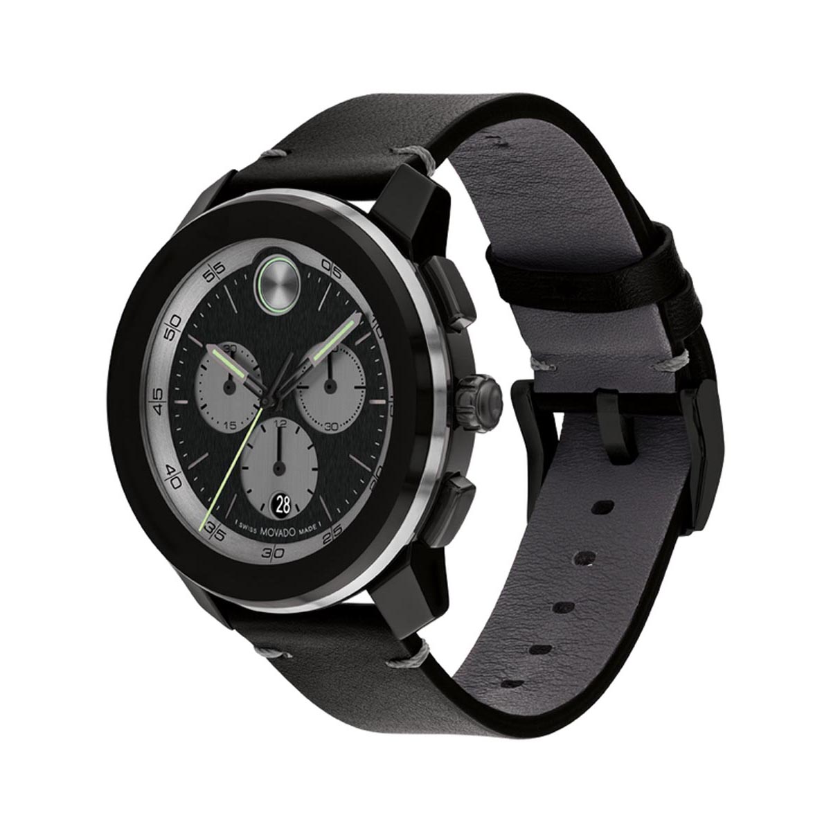 Movado Bold TR90 Mens Watch with Black Dial and Black Leather Strap (Swiss quartz movement)