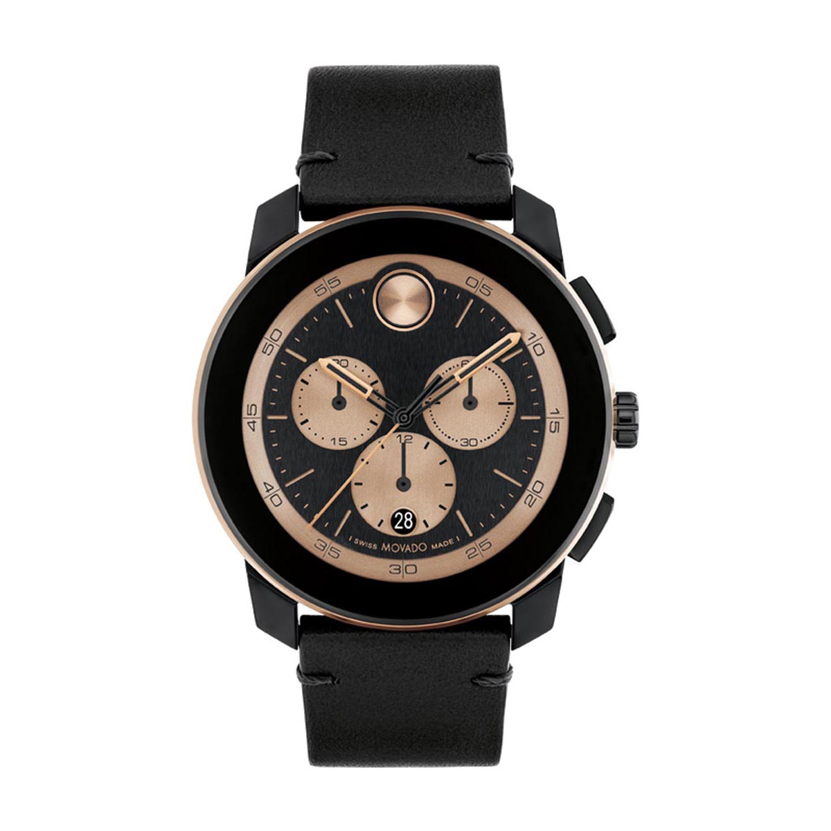 Movado Bold TR90 Mens Watch with Black and Bronze Dial and Black Leather Strap (Swiss quartz movement)