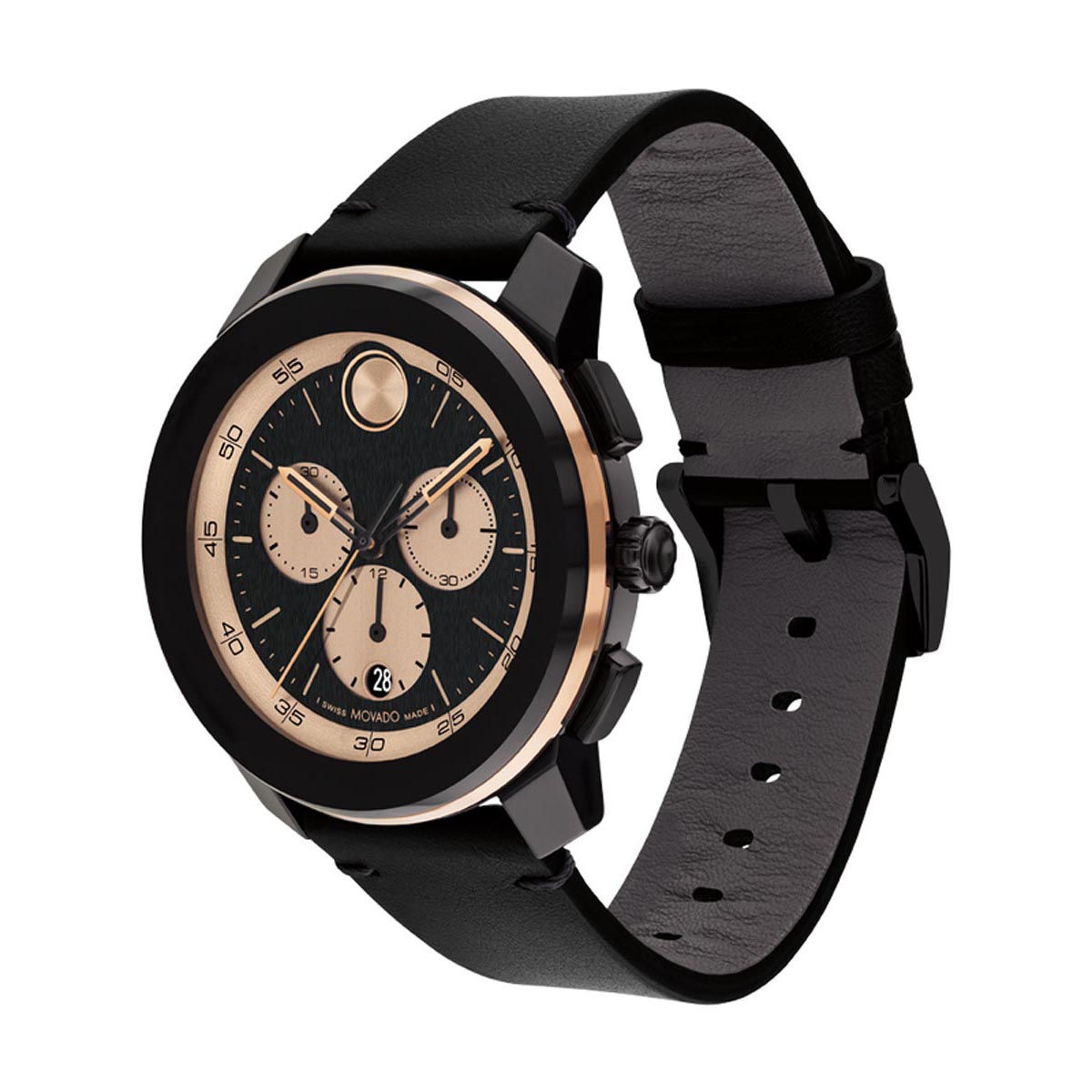 Movado Bold TR90 Mens Watch with Black and Bronze Dial and Black Leather Strap (Swiss quartz movement)