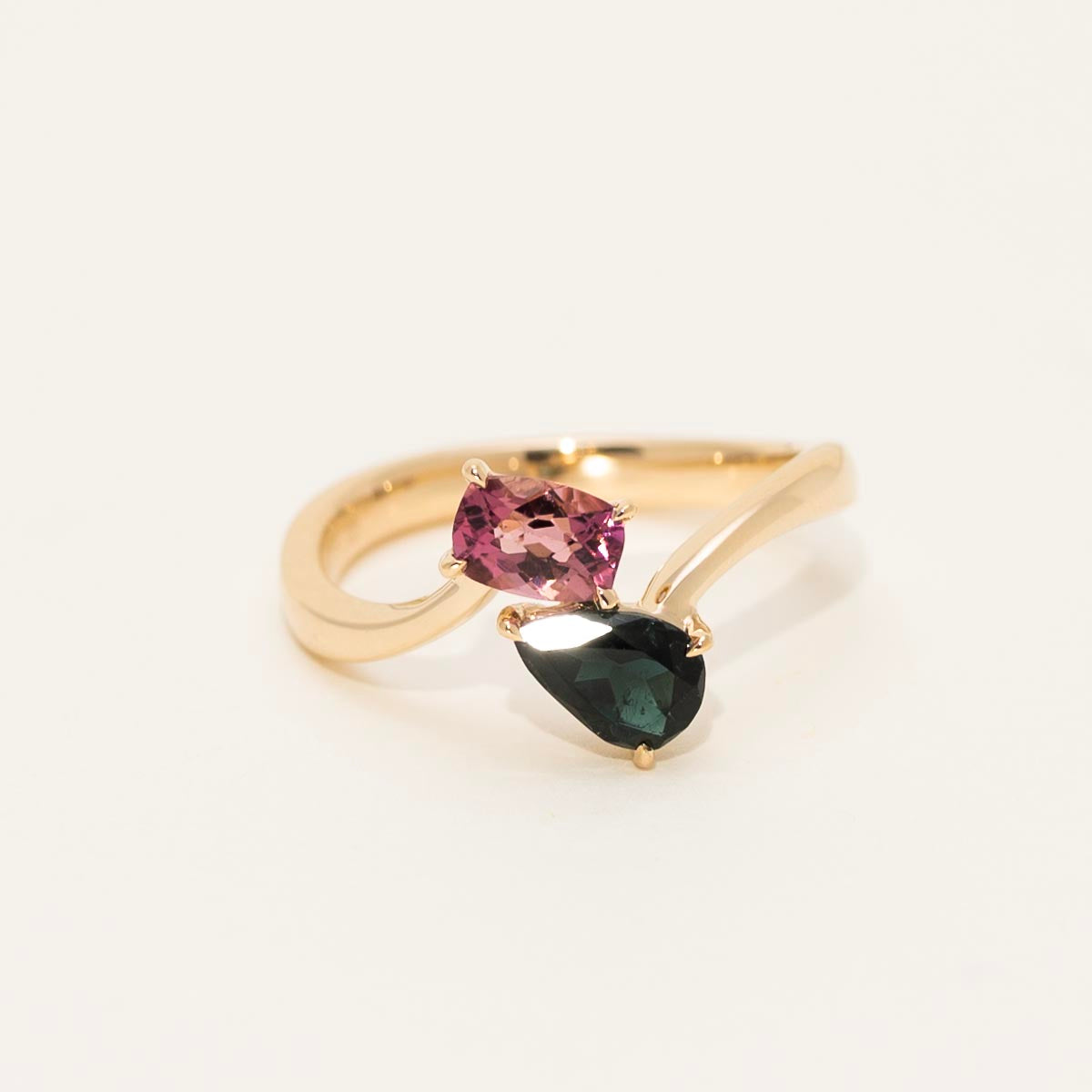 Maine Indicolite and Pink Tourmaline Ring in 14kt Yellow Gold