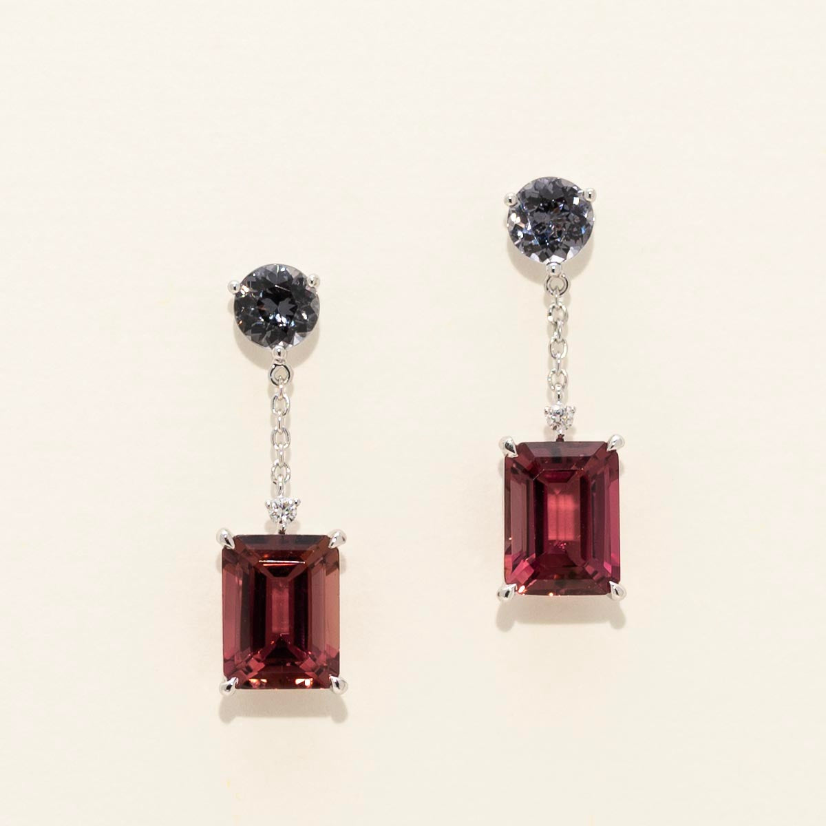 Maine Pink Tourmaline and Gray Spinel Drop Earrings in 14kt White Gold with Diamonds (.02ct tw)