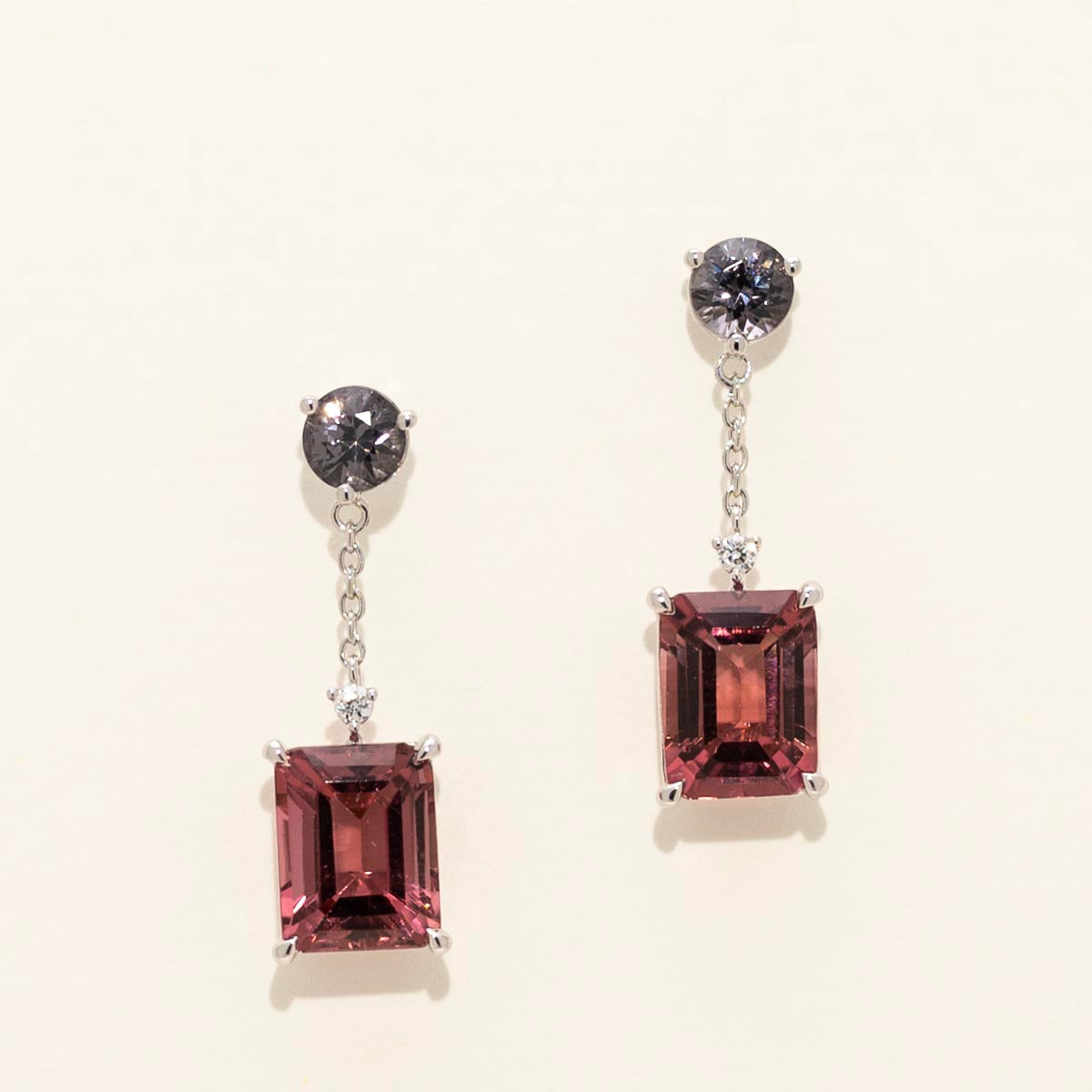 Maine Pink Tourmaline and Gray Spinel Drop Earrings in 14kt White Gold with Diamonds (.02ct tw)