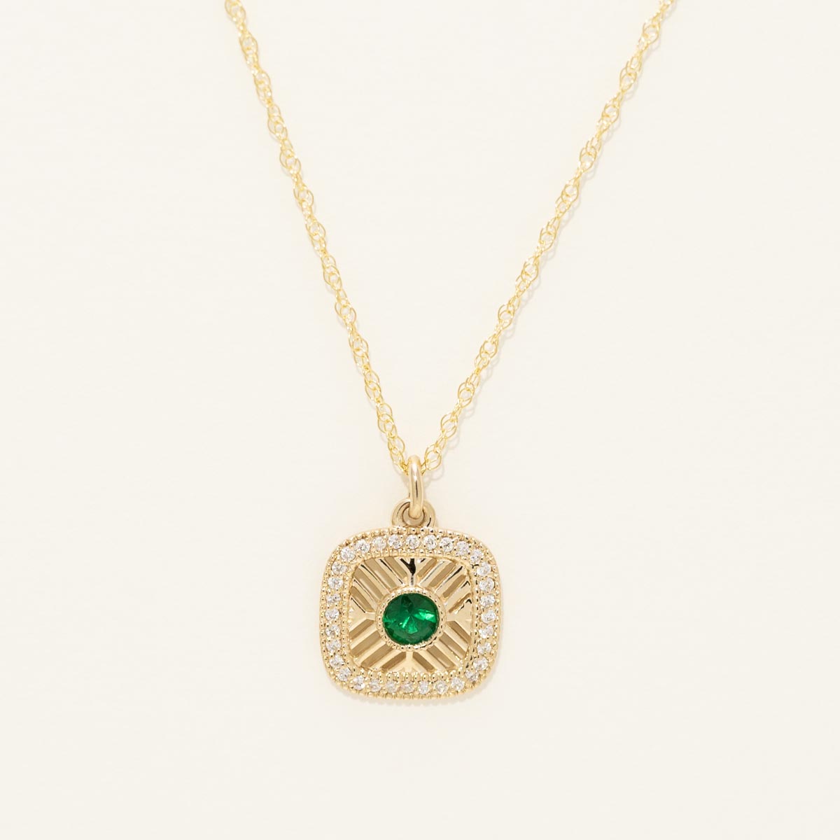 Emerald Art Deco Style Necklace in 14kt Yellow Gold with Diamonds