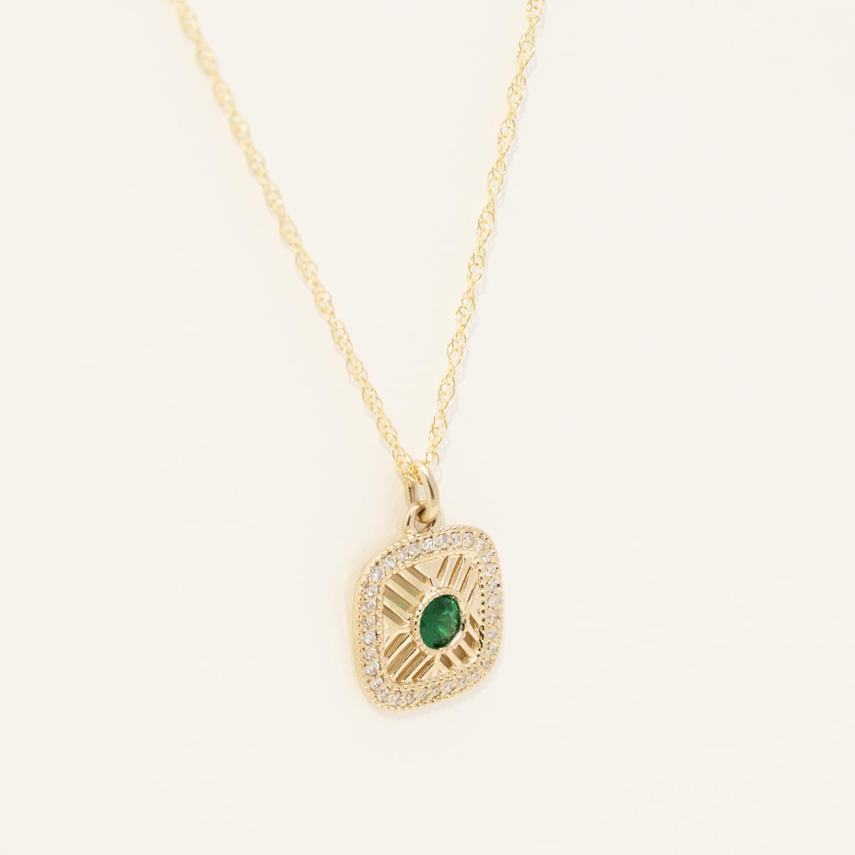 Emerald Art Deco Style Necklace in 14kt Yellow Gold with Diamonds