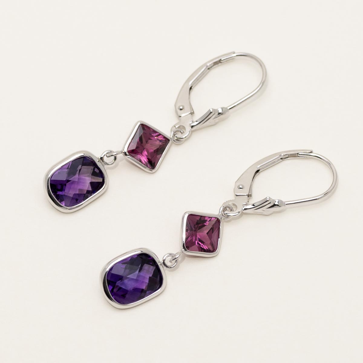 Princess Cut Rhodolite Garnet and Cushion Amethyst Drop Earrings in 14kt White Gold