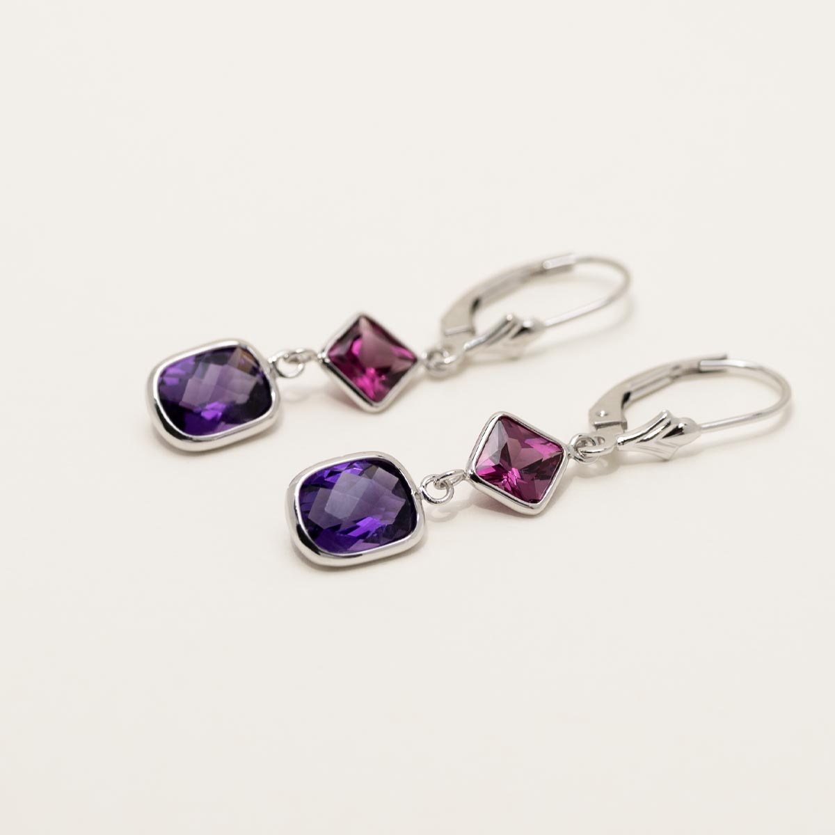 Princess Cut Rhodolite Garnet and Cushion Amethyst Drop Earrings in 14kt White Gold