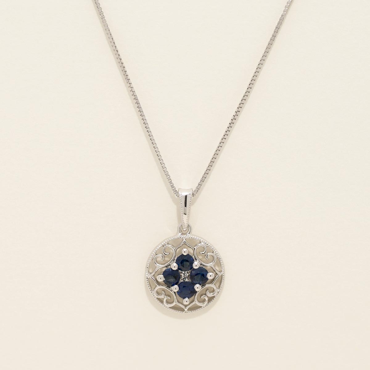 Sapphire Filigree Necklace in 14kt White Gold with Diamond (.03ct)