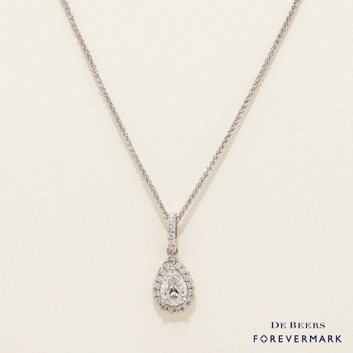 De Beers Forevermark Center of My Universe Pear Shaped Diamond Halo Necklace in 18kt White Gold (3/8ct tw)