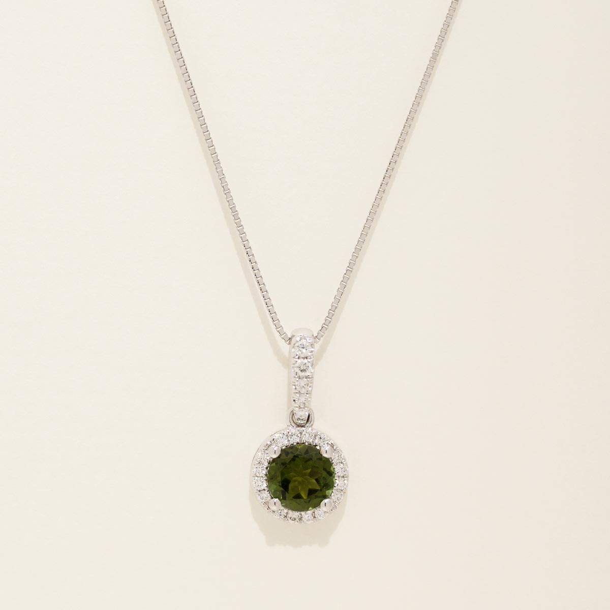 Maine Green Tourmaline Halo Necklace in 14kt White Gold with Diamonds (1/10ct tw)