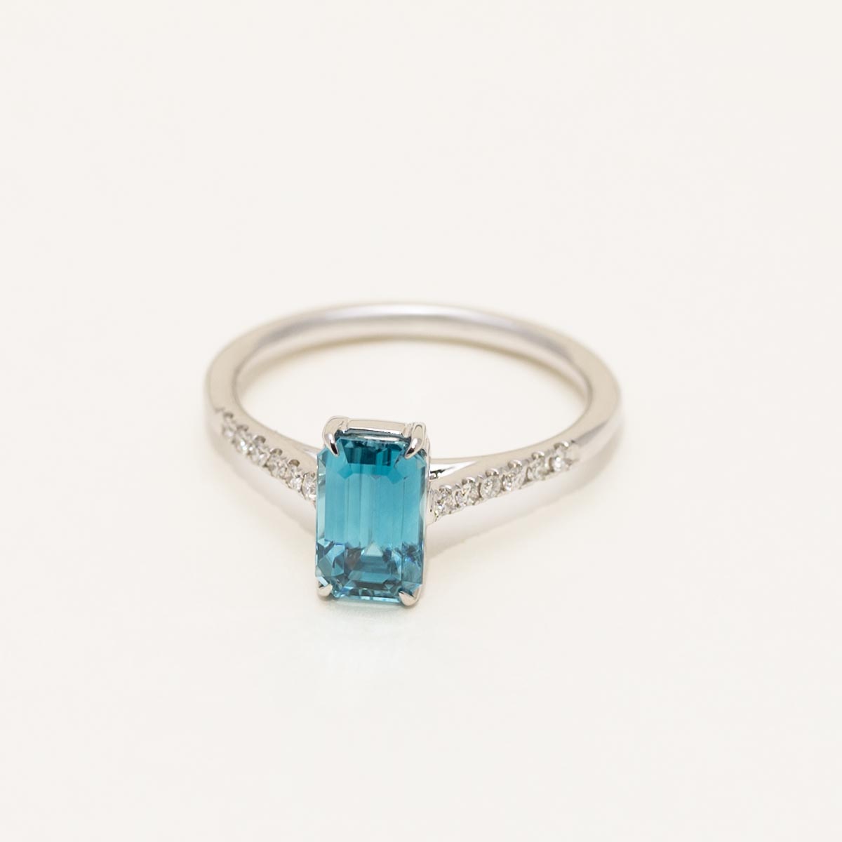 Emerald Cut Blue Zircon Ring in 14kt White Gold with Diamonds (1/10ct tw)
