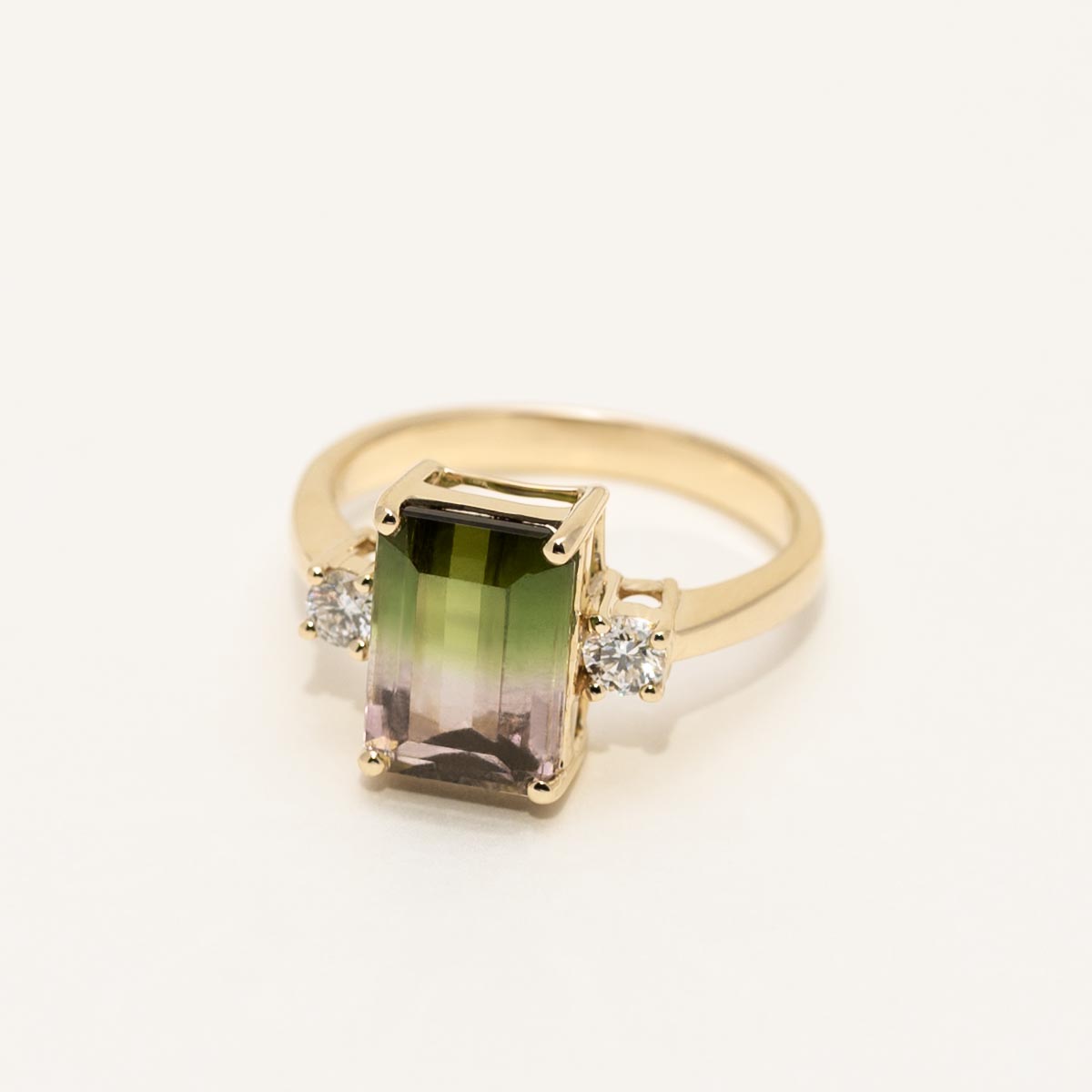 Emerald Cut Bicolor Tourmaline Ring in 14kt Yellow Gold with Diamonds (1/5ct tw)