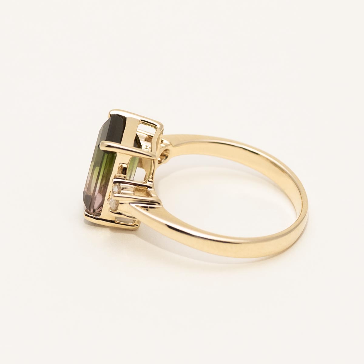 Emerald Cut Bicolor Tourmaline Ring in 14kt Yellow Gold with Diamonds (1/5ct tw)
