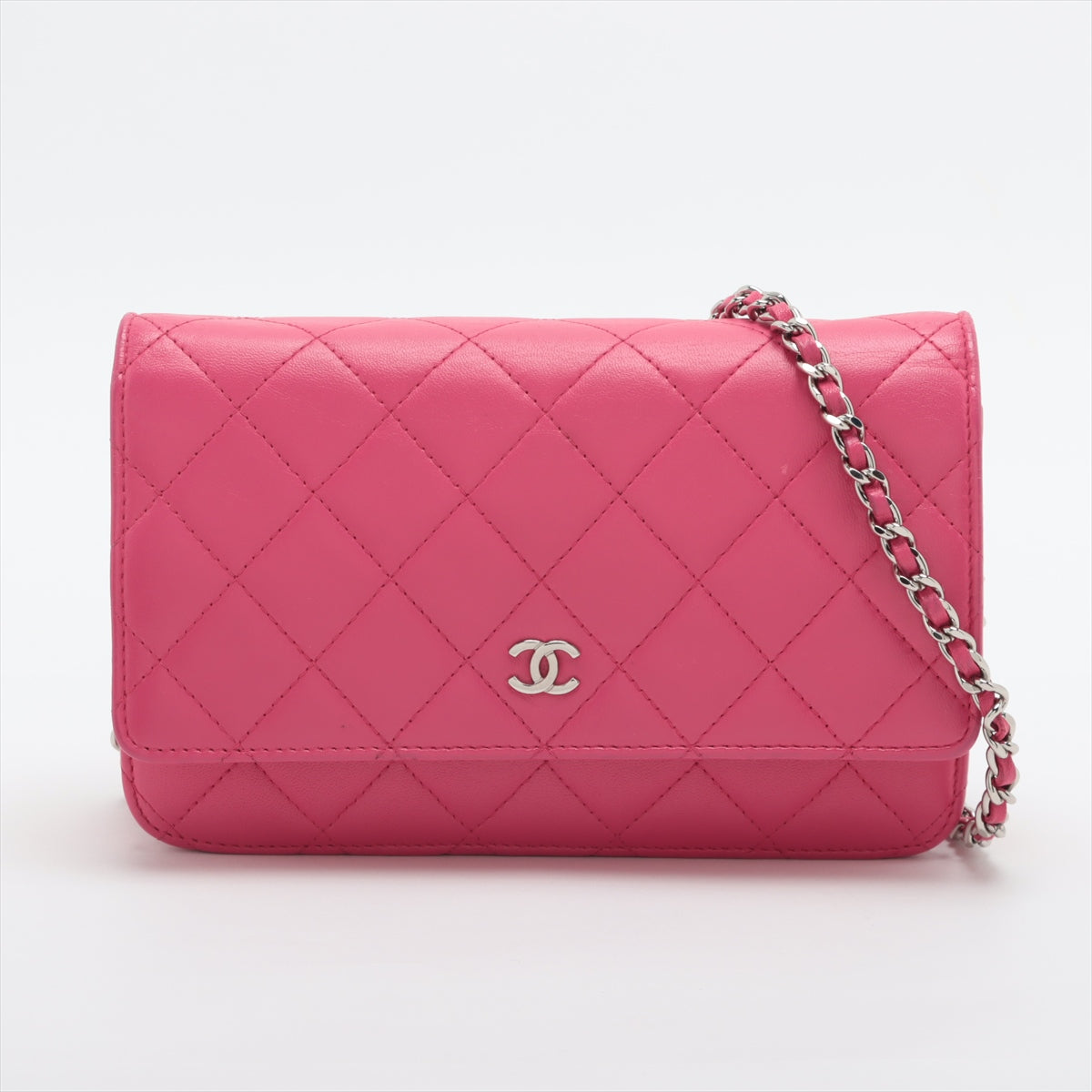 Pre Owned Chanel Pink Lambskin Quilted Wallet on Chain