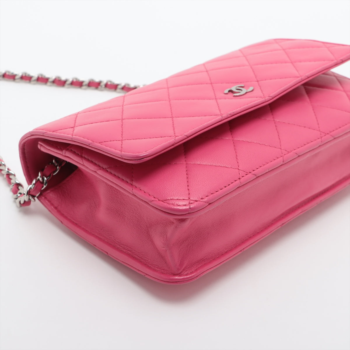 Pre Owned Chanel Pink Lambskin Quilted Wallet on Chain