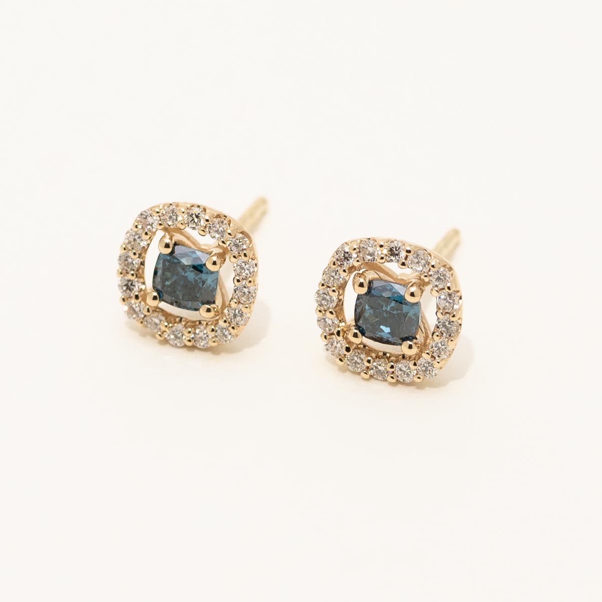 Blue Diamond Halo Earrings in 14kt Yellow Gold (1ct tw)