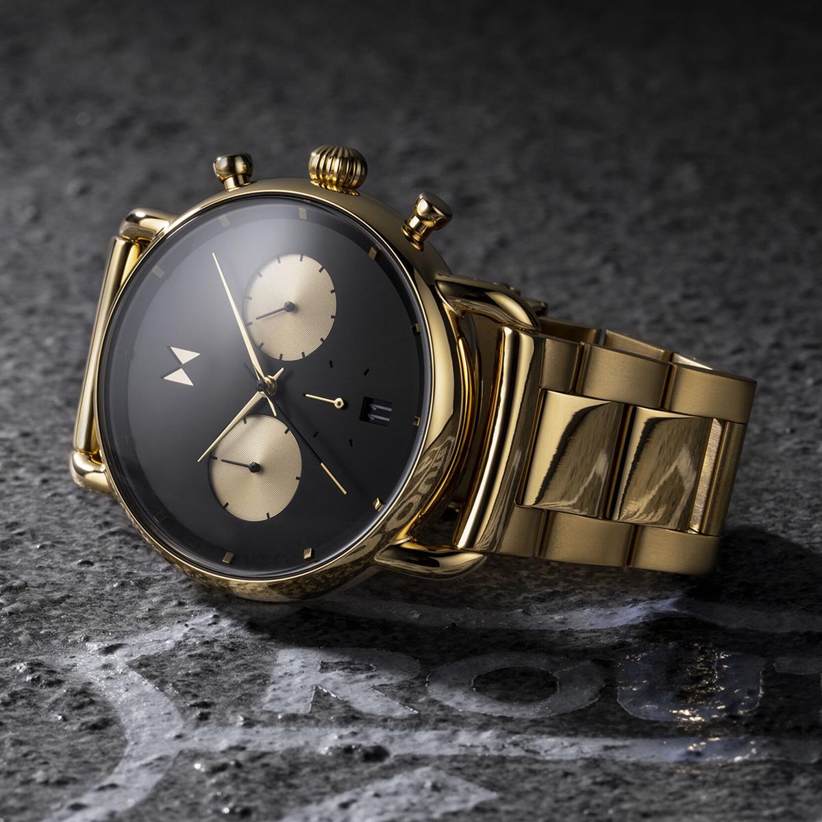 MVMT Blacktop II Mens Chronograph Watch with Gray Dial and Yellow Ion Plated Stainless Steel Bracelet (quartz movement)
