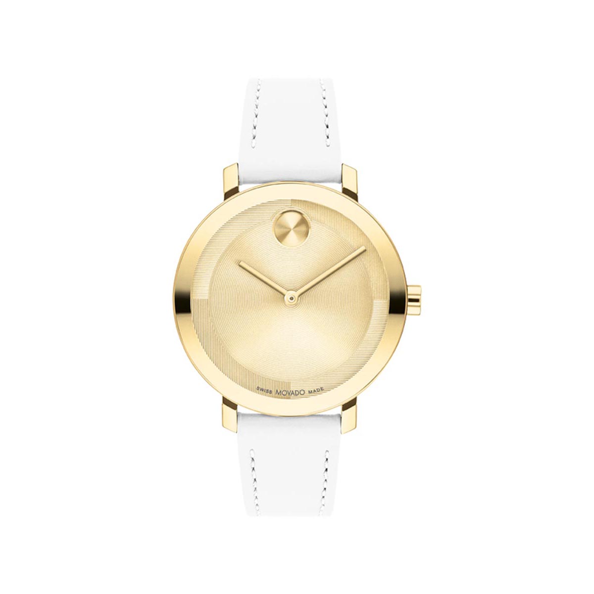 Movado Bold Evolution 2.0 Women's Watch with Gold Tone Dial and White Leather Strap (quartz movement)