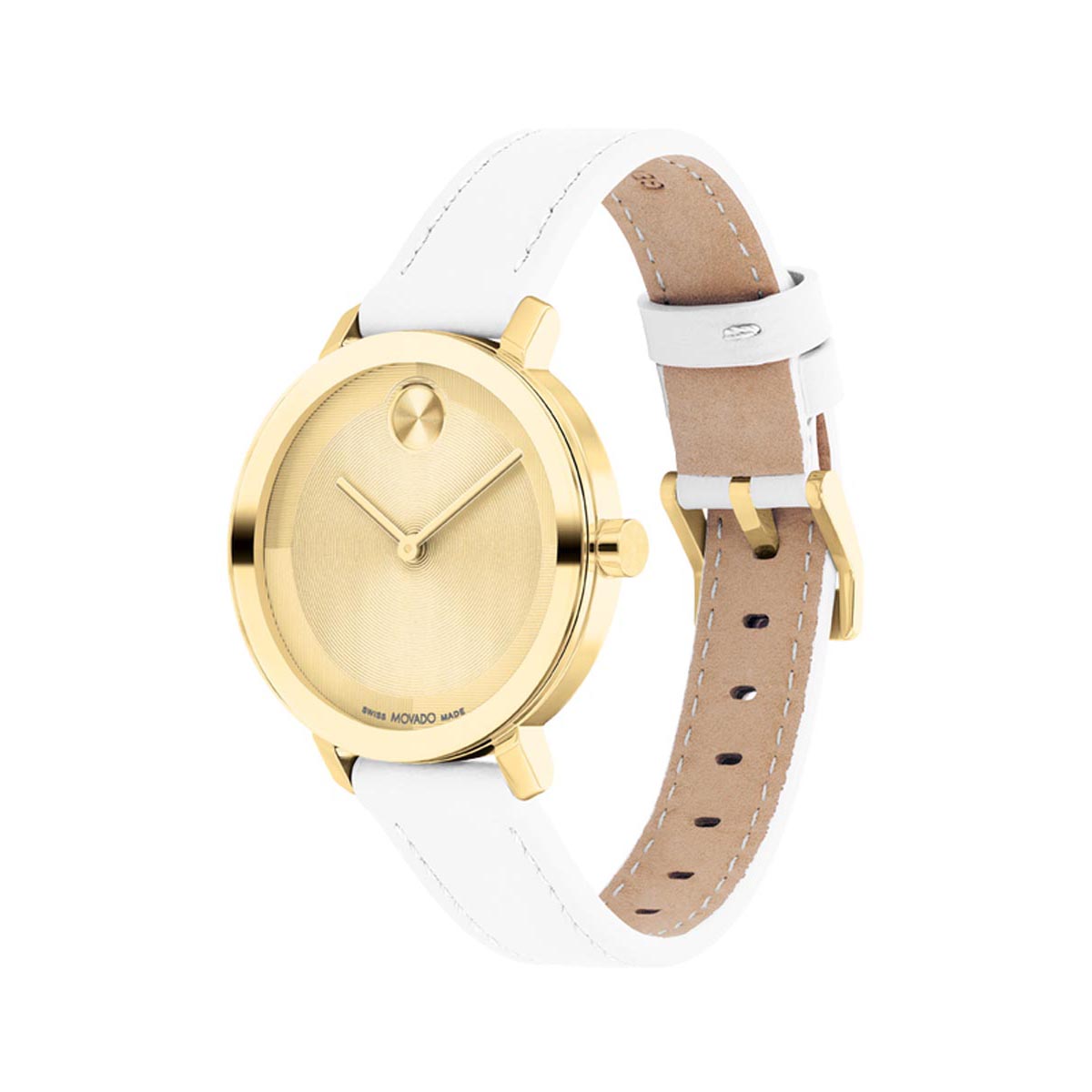 Movado Bold Evolution 2.0 Women's Watch with Gold Tone Dial and White Leather Strap (quartz movement)