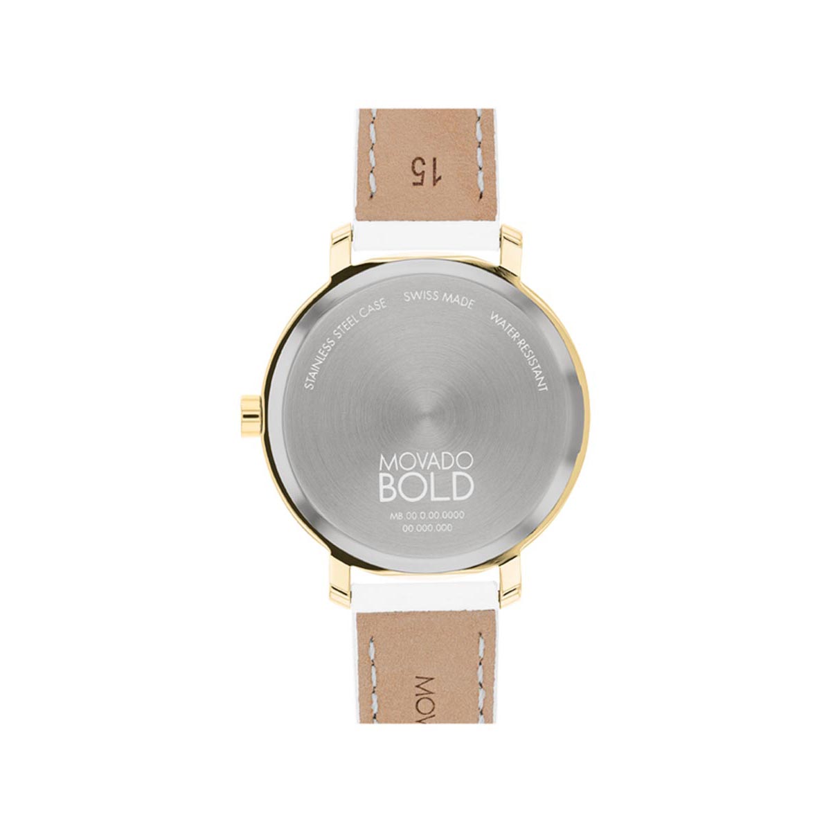 Movado Bold Evolution 2.0 Women's Watch with Gold Tone Dial and White Leather Strap (quartz movement)