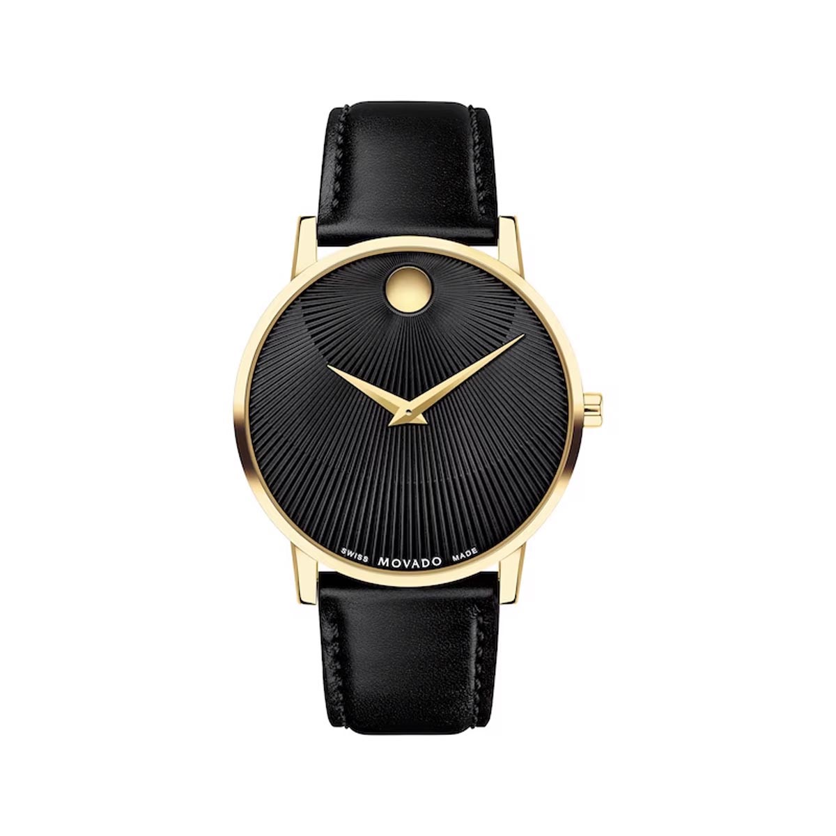 Movado Museum Classic Watch with Textured Black Dial and Black Leather Strap (Swiss quartz movement)