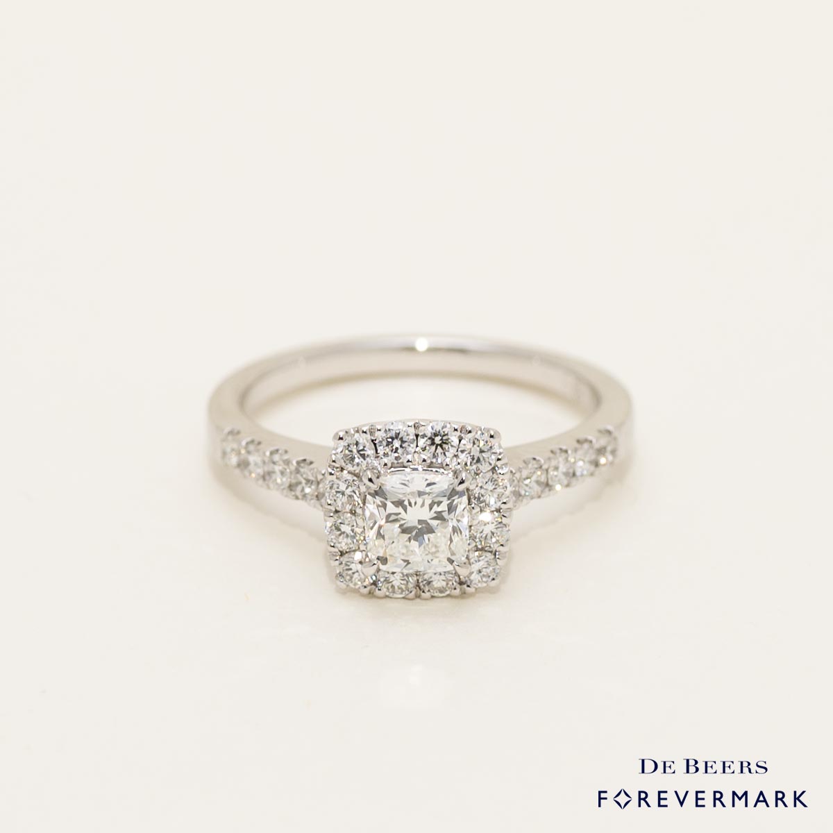 De Beers Forevermark Cushion Diamond Halo Engagement Ring in 14kt White Gold (1ct tw)