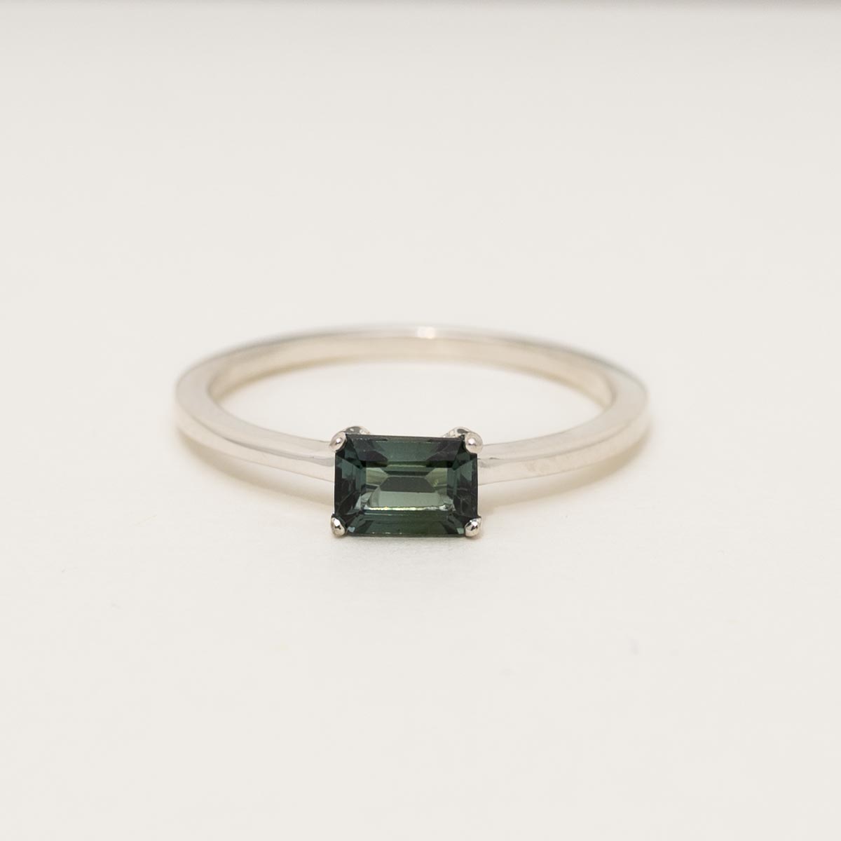 Maine Green Tourmaline Emerald Cut East West Ring in Sterling Silver