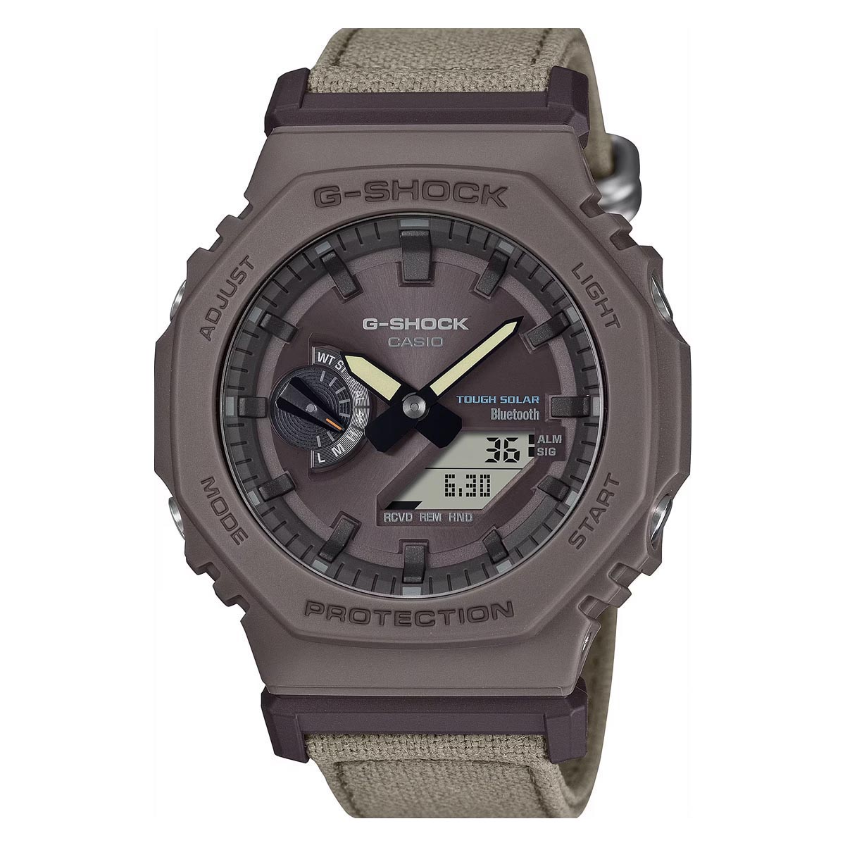 G-Shock GAB2100 Series Men's Watch with Naturally Dyed Khaki Gray Cotton Strap (solar movement)