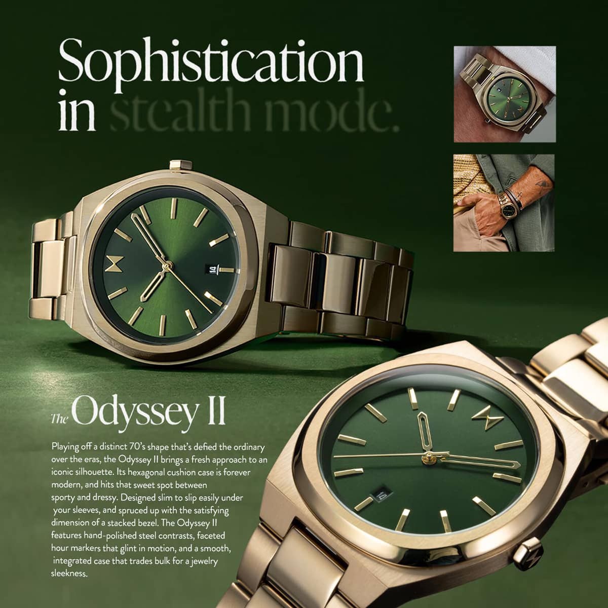 MVMT Odyssey II Mens Watch with Green Dial and Yellow Ion Plated Steel Bracelet (quartz movement)