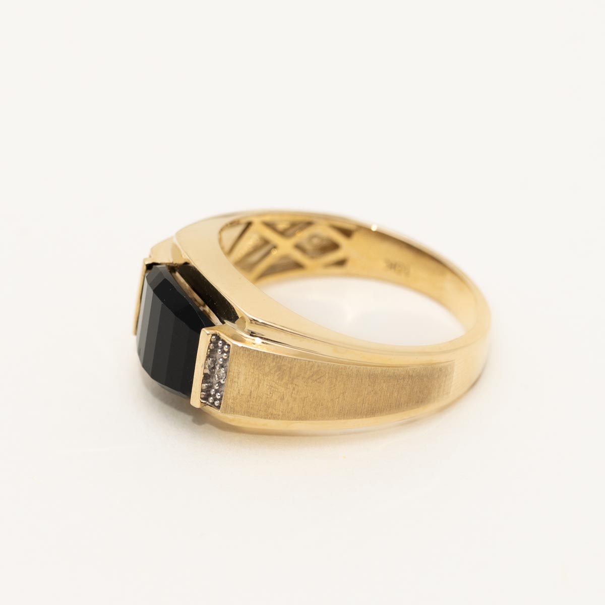 Mens Black Onyx Ring in 10kt Yellow Gold with Diamonds