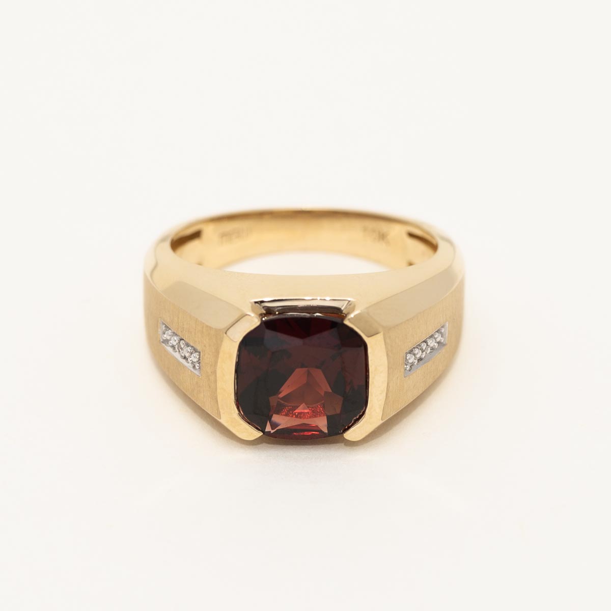 Mens Cushion Cut Garnet Ring in 10kt Yellow Gold with Diamonds