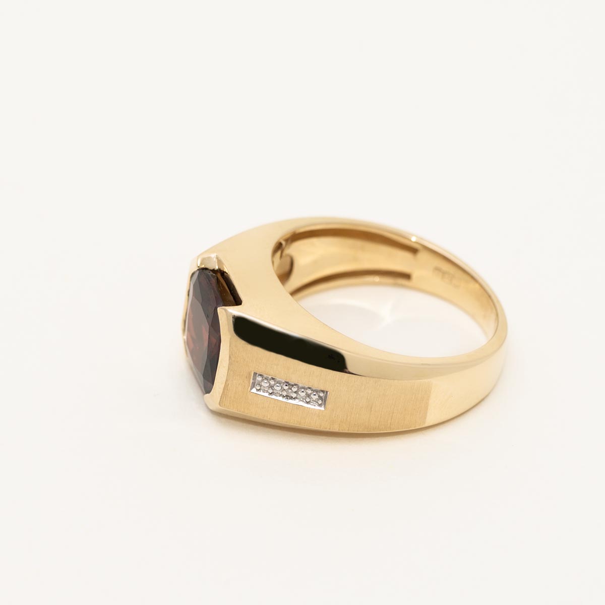 Mens Cushion Cut Garnet Ring in 10kt Yellow Gold with Diamonds