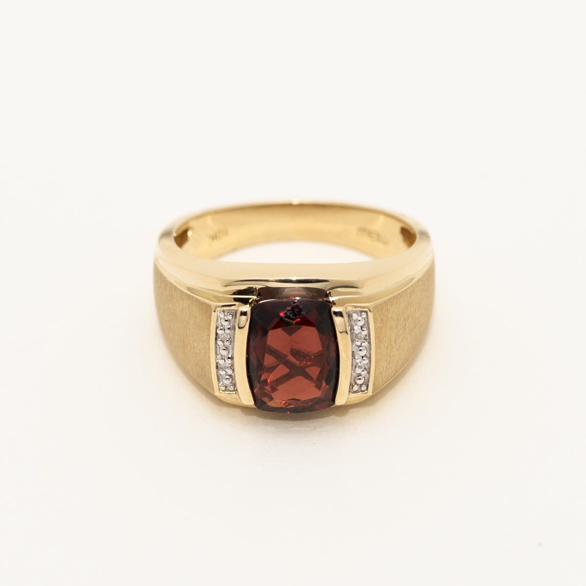 Mens Cushion Cut Garnet Ring in 10kt Yellow Gold with Diamonds