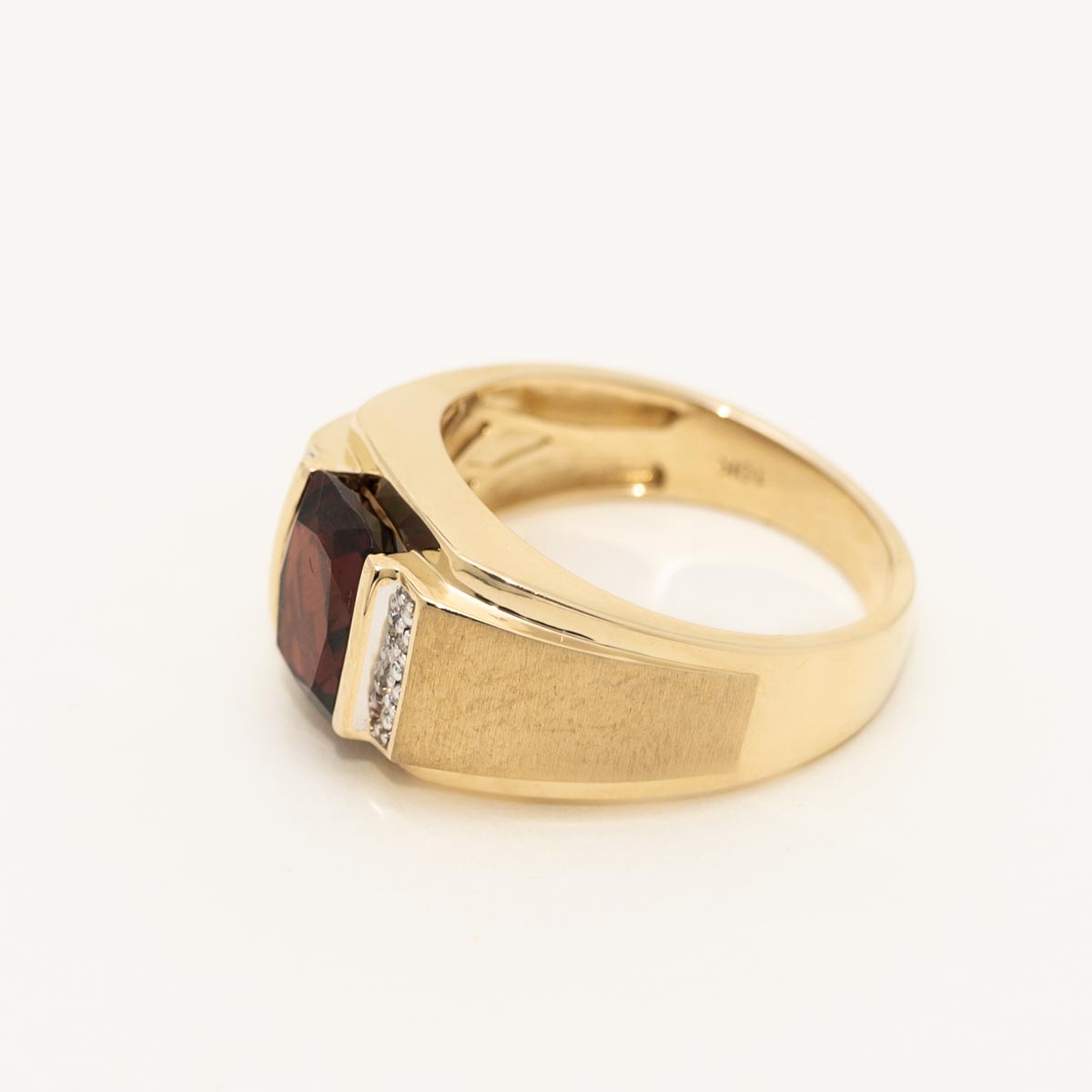 Mens Cushion Cut Garnet Ring in 10kt Yellow Gold with Diamonds
